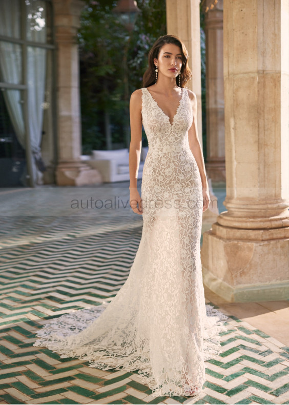 V Neck Ivory Full Lace Romantic Mermaid Wedding Dress